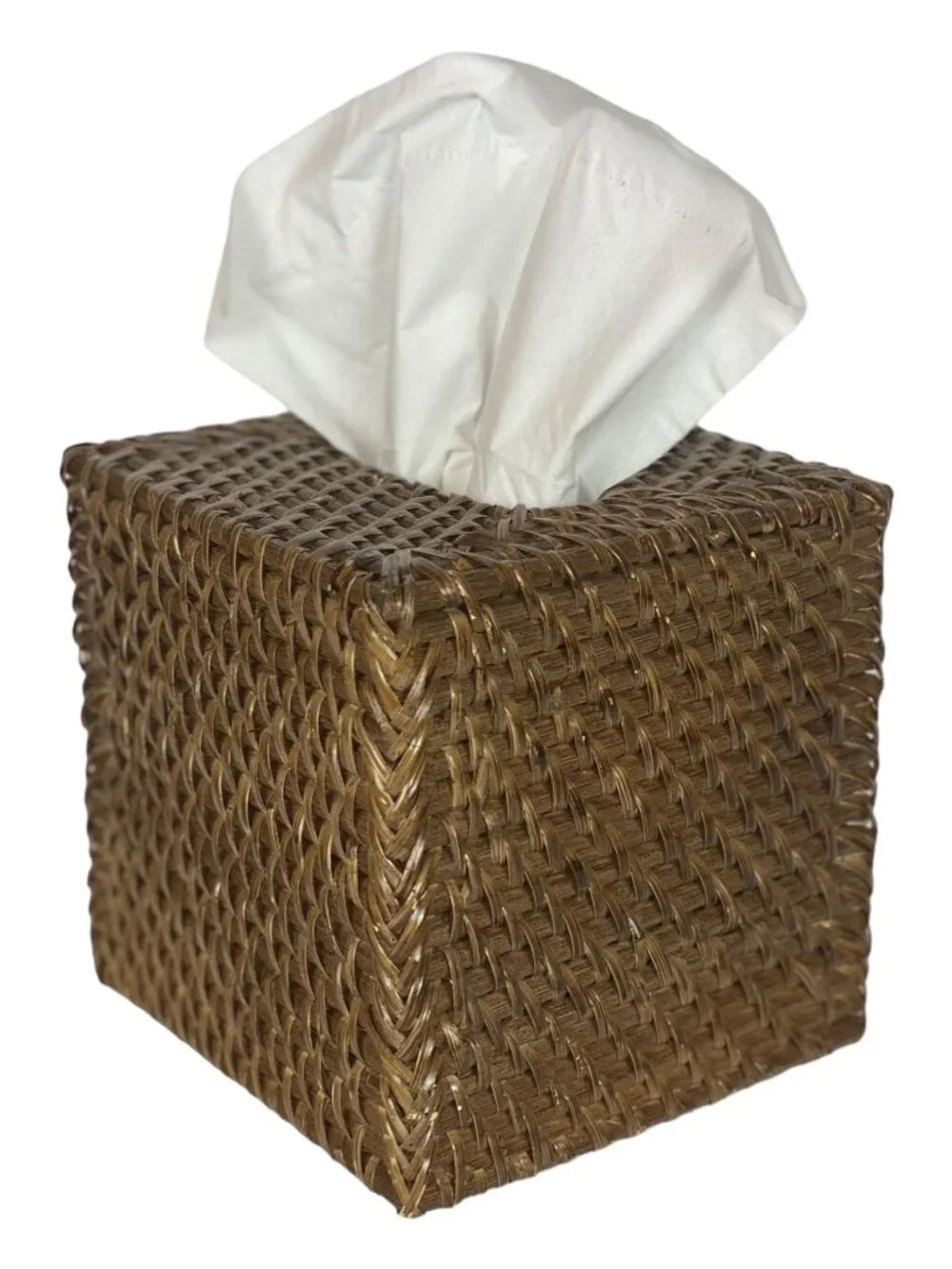 Brown Wicker Tissue Box Cover Square Basketweave Boho Decor Bathroom Accessory